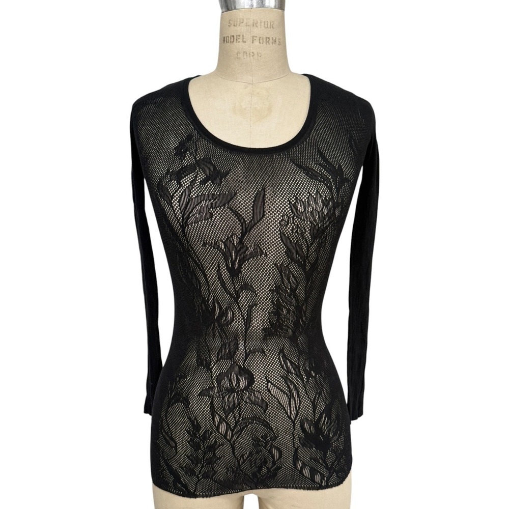 Wolford Top Womens S Black Floral Mesh Lace Virgin Wool Blend Long Sleeve Italy